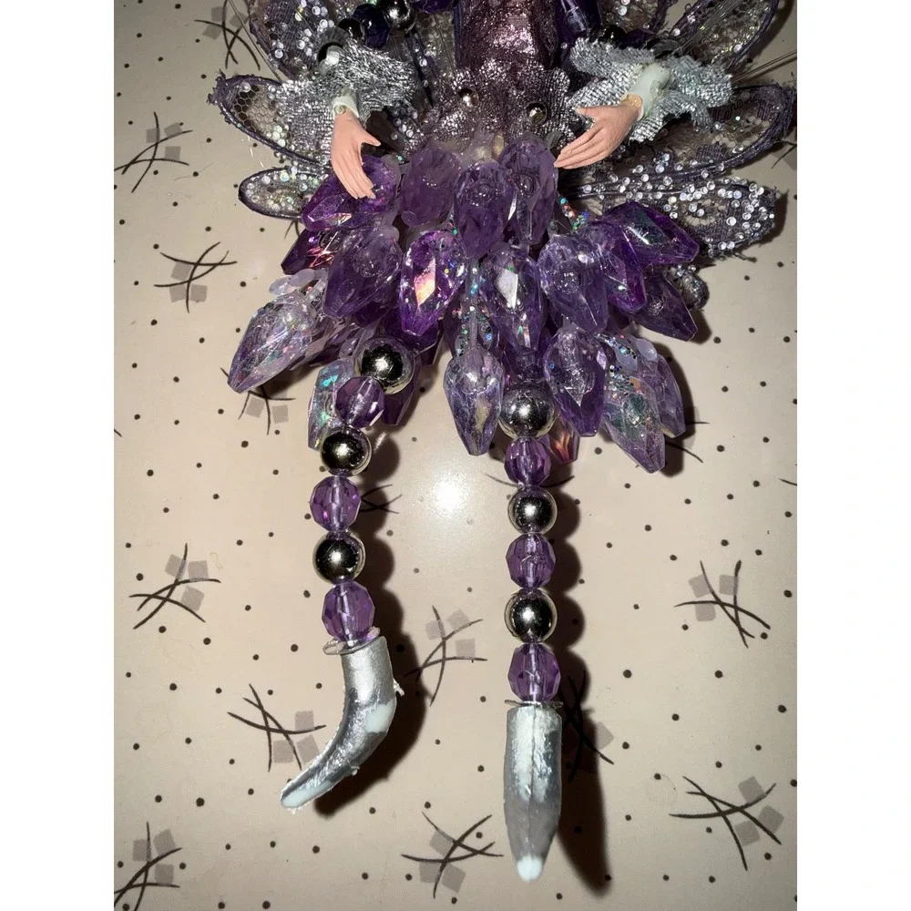 Purple Fairy Jester Ornament Beaded Glitter Wings Fantasy Holiday Decor Silver